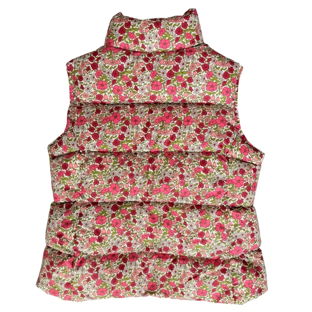 Lands End Girls Down Puffer Vest Kids Large 6X Pink Green Floral Quilted Preppy